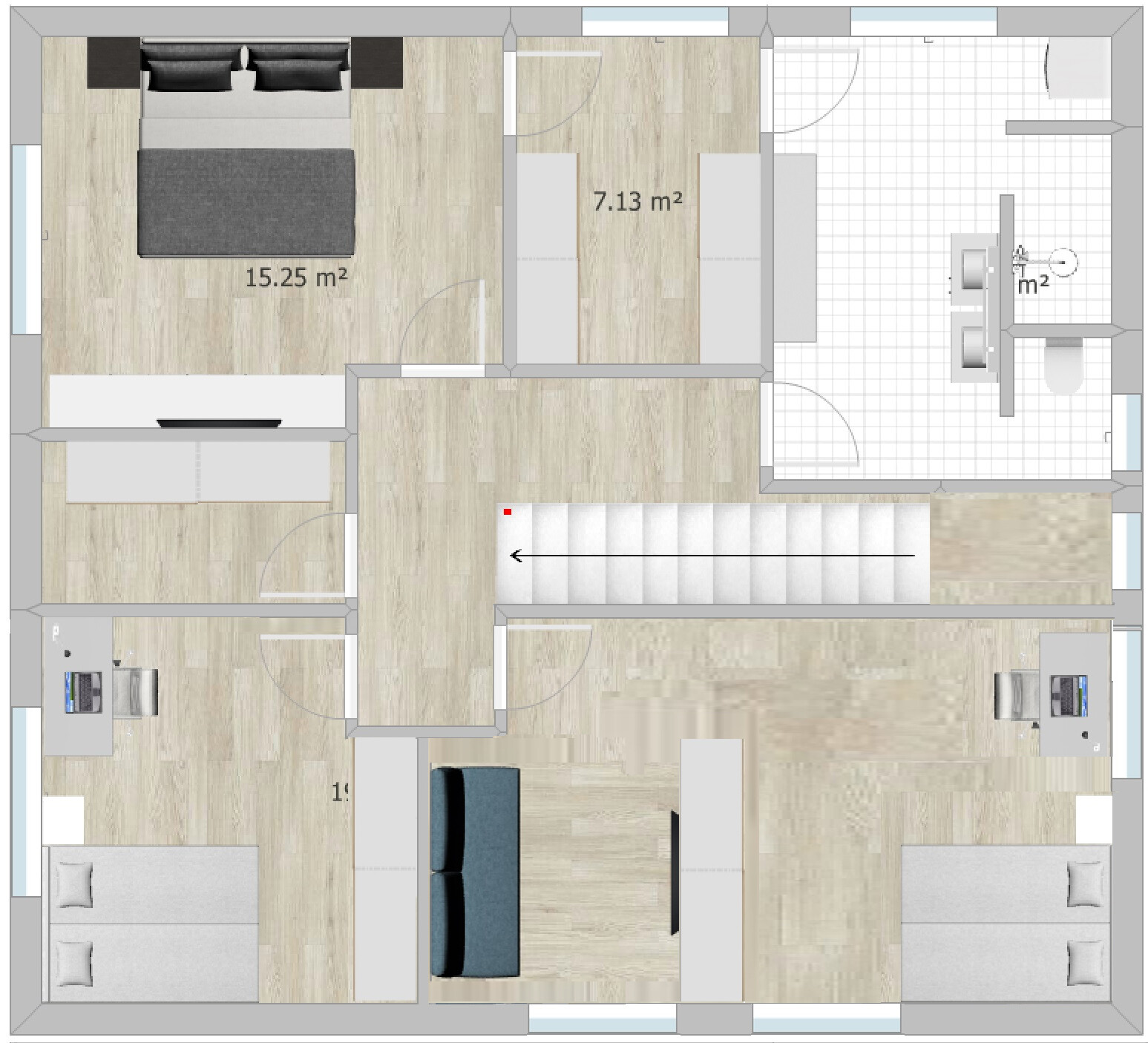 Grundriss eines Wohnhauses: Schlafzimmer, weiteres Zimmer, Bad, Flur mit Treppe.