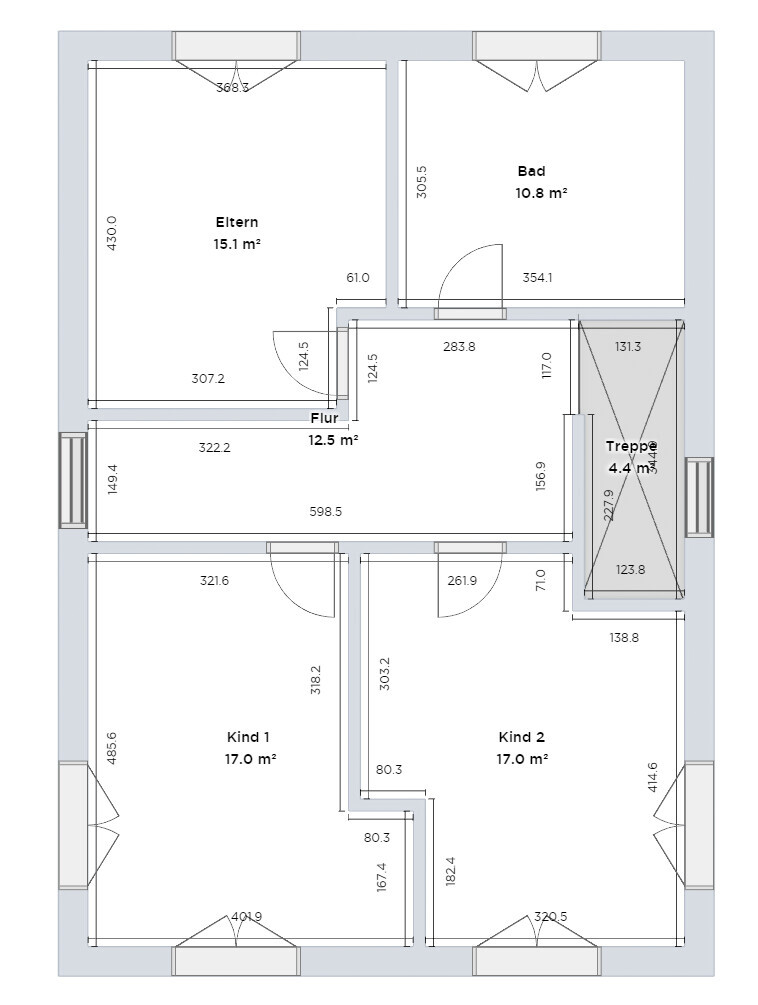 Grundriss eines Hauses mit Räumen: Eltern, Bad, Flur, Treppe, Kind 1 und Kind 2.