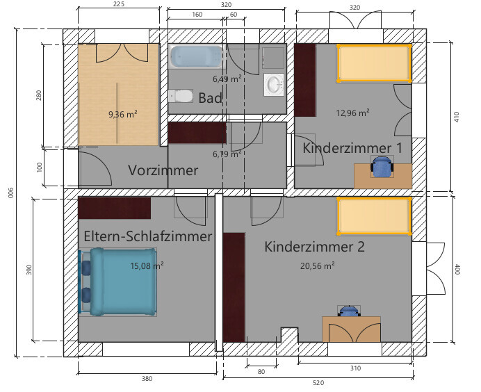 Grundriss eines Hauses mit Vorzimmer, Bad, Eltern-Schlafzimmer und zwei Kinderzimmer