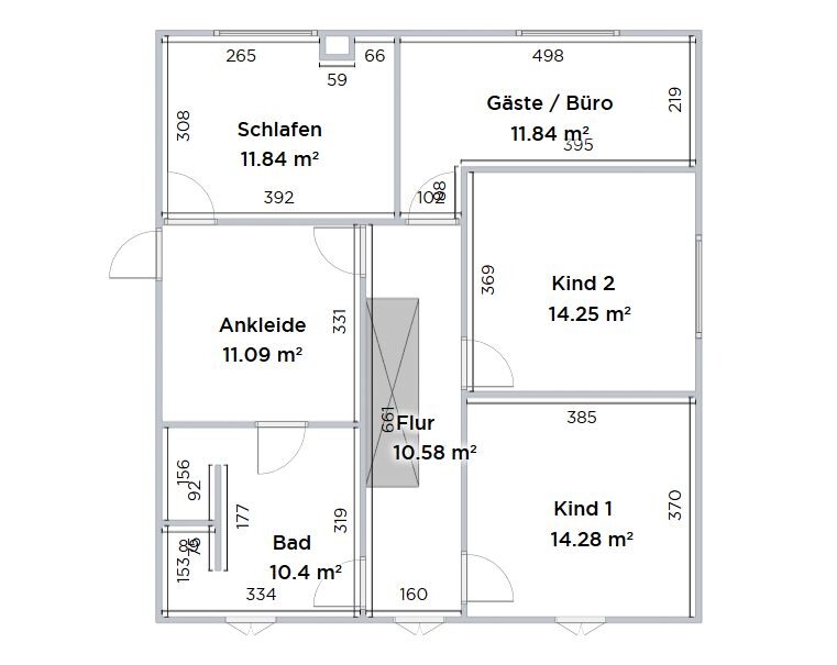 Grundriss eines Hauses mit Schlafen, Ankleide, Bad, Flur, Gäste/Büro und zwei Kinderzimmer.