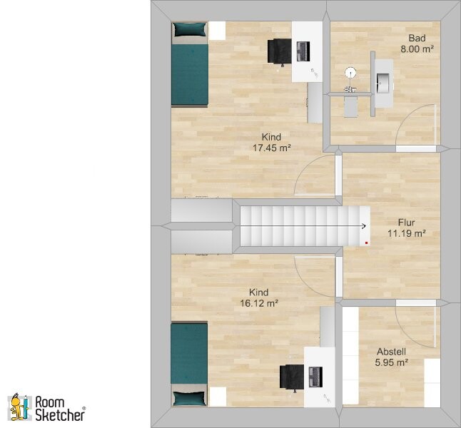 Grundriss eines Obergeschosses: zwei Kinderzimmer, Bad, Flur, Abstellraum; Treppe in der Mitte.