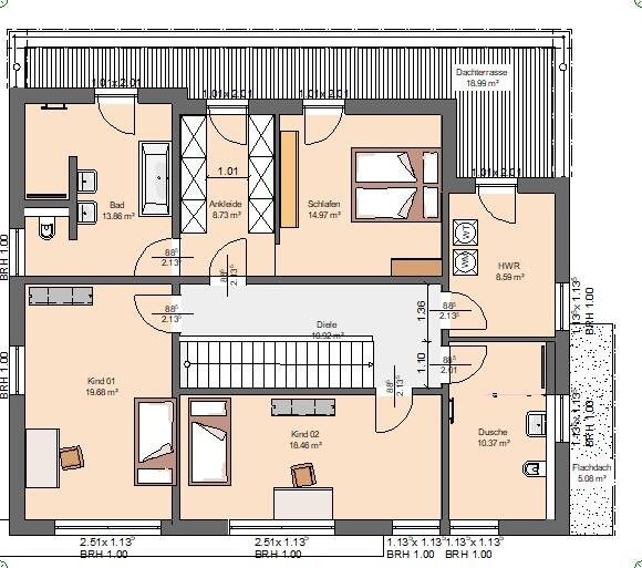 Grundriss Obergeschoss: Schlafzimmer, 2 Kinderzimmer, Bad, Dusche, Ankleide, HWR, Diele, Dachterrasse