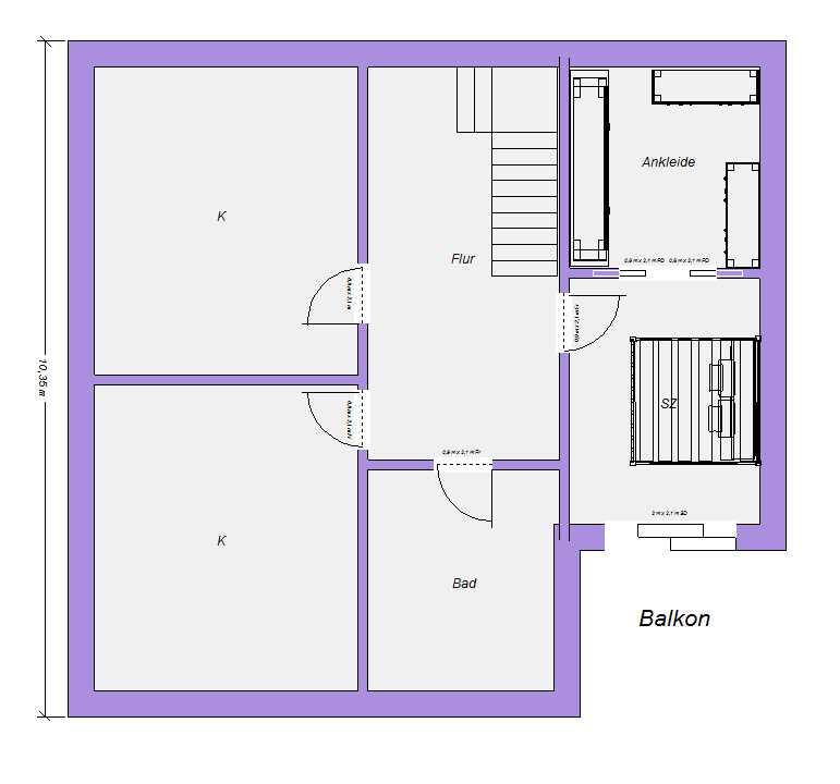 Grundriss einer Wohnung mit Flur, Bad, Schlafzimmer (SZ), Ankleide, zwei Zimmer (K) und Balkon.