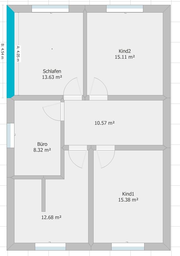 Grundriss eines Hauses mit sechs Räumen: Schlafen, Büro, Kind1, Kind2 und zwei weiteren Zimmern.