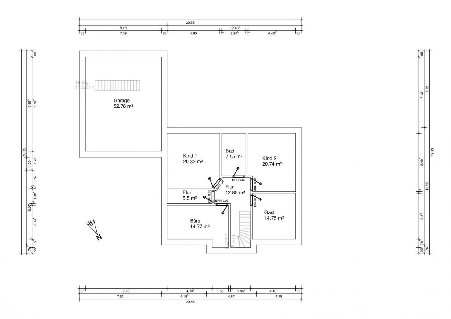 Grundriss eines Hauses mit Garage, Flur, Bad, Kind 1, Kind 2, Büro und Gastzimmer