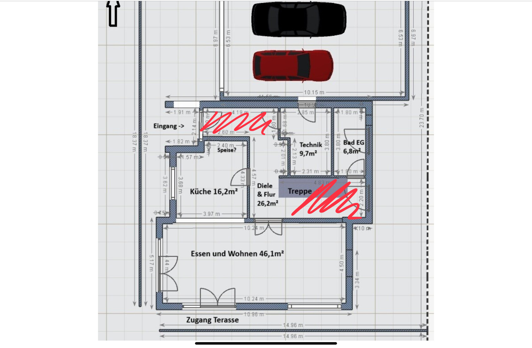 2D-Hausgrundriss mit Garage, Eingang und Terrasse
