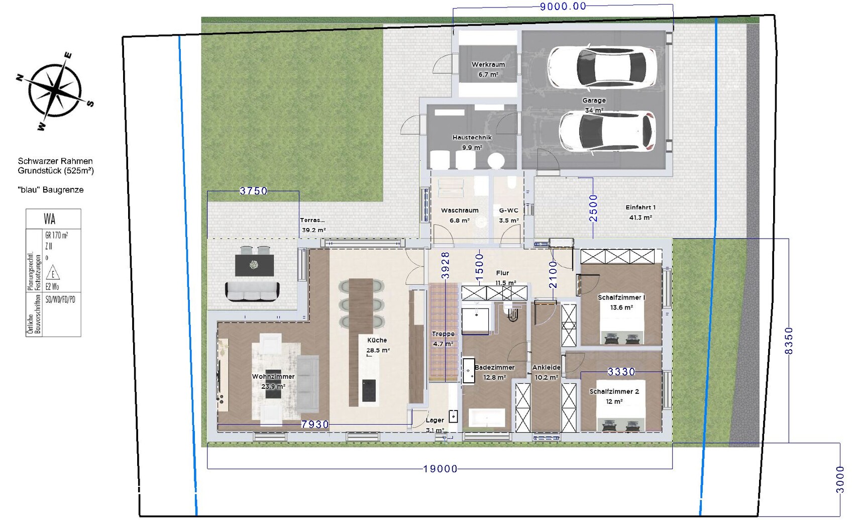 Grundrissplan eines Hauses mit Garage, Garten, Küche, Wohnzimmer und Schlafzimmer