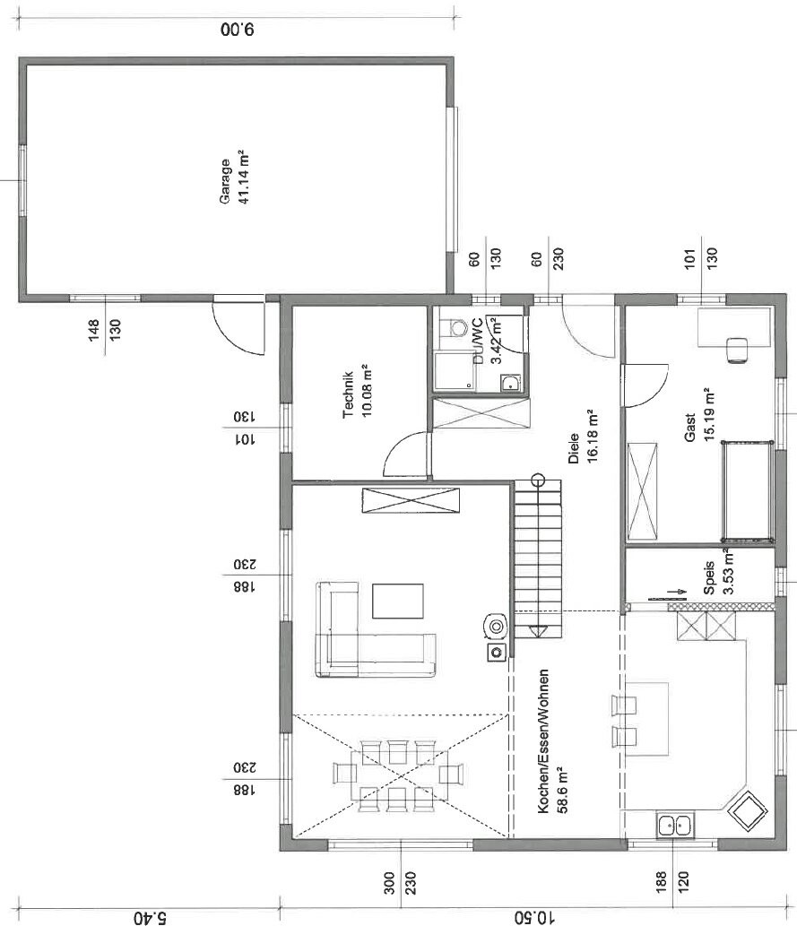 Grundriss eines Hauses: Garage, Technik, Diele, WC, Gast, Speis, Kochen/Essen/Wohnen.