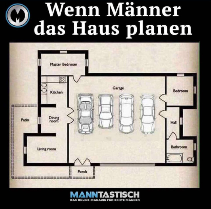 Grundriss eines Hauses mit Garage für vier Autos, Schlafzimmer, Küche, Esszimmer und Wohnzimmer.