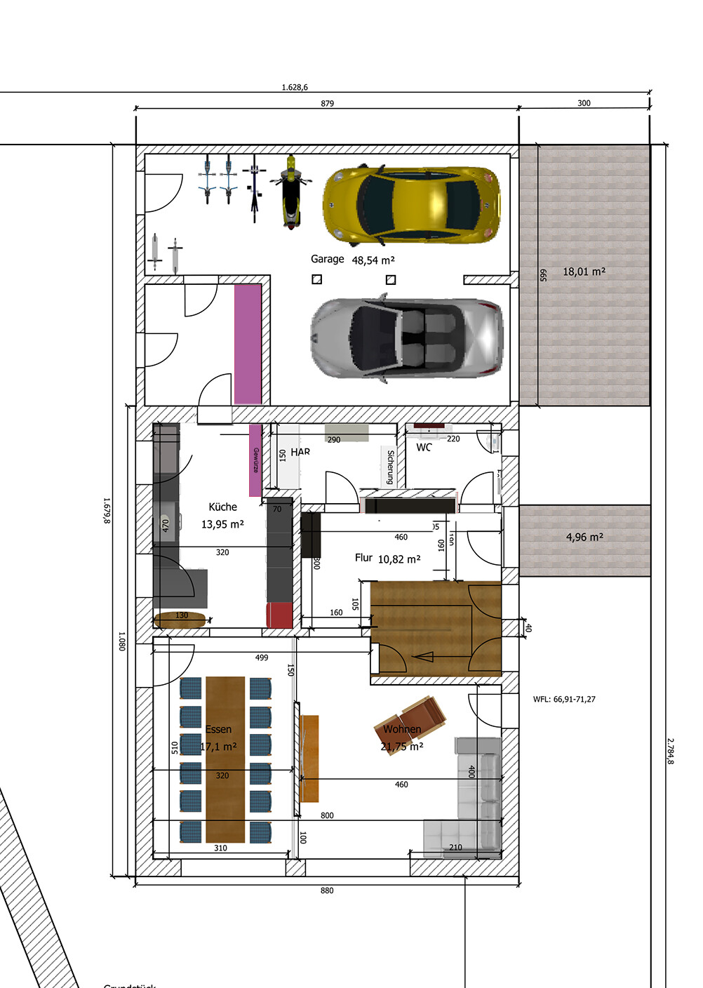 Grundriss eines Hauses: Garage mit zwei Autos, Fahrrädern, Küche, Wohnen, Essen, Flur, WC, Terrasse.