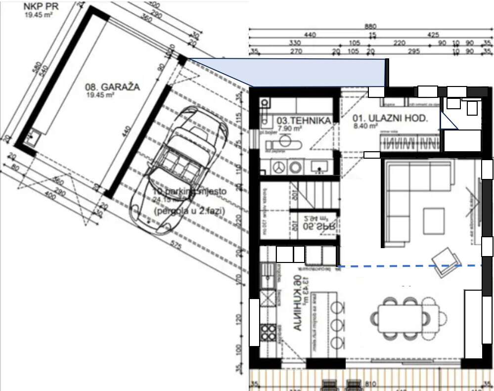 Grundriss eines Hauses mit Garage, Eingangsbereich, Küche, Esszimmer und Wohnzimmer.
