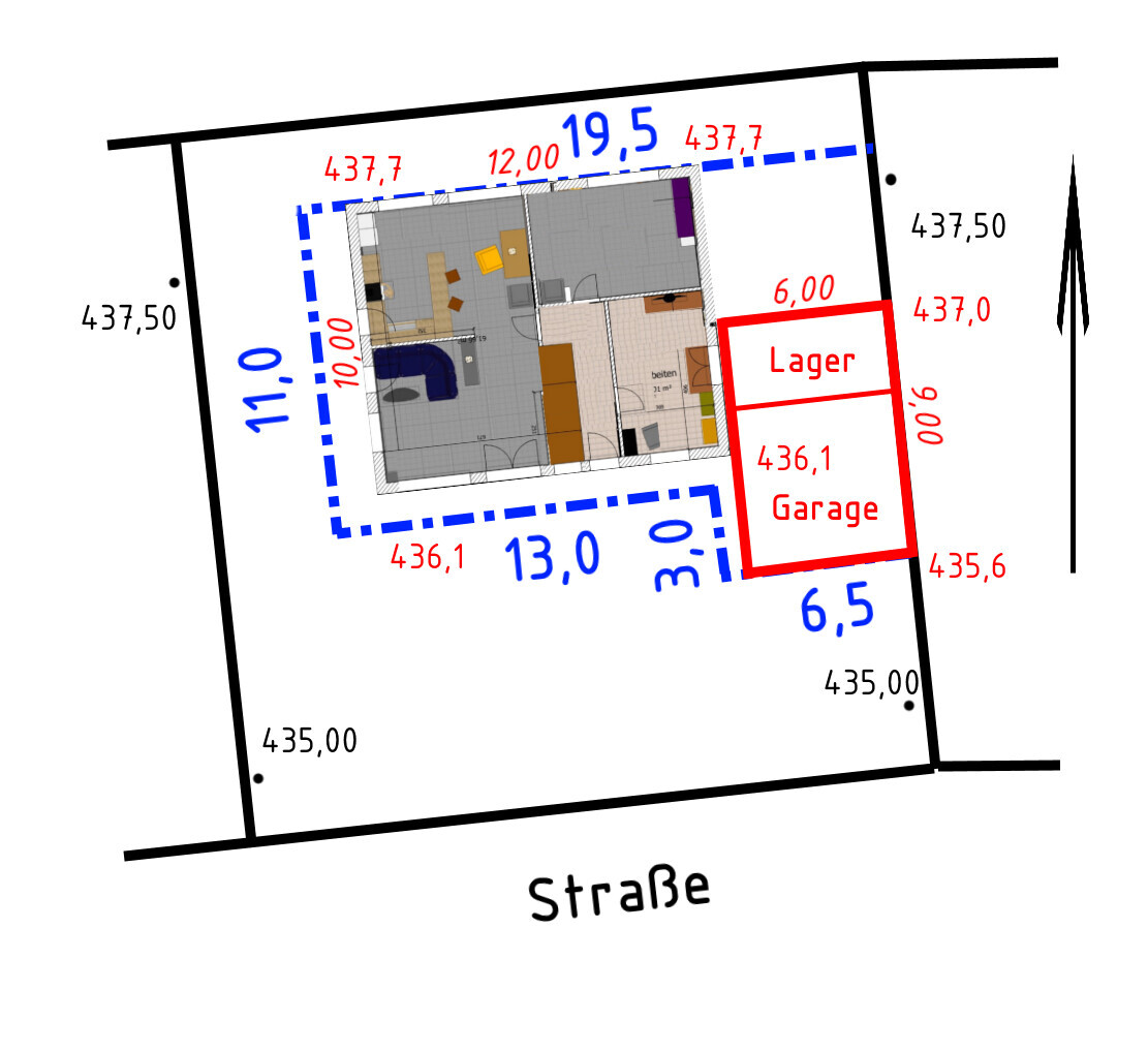 Grundriss eines Hauses mit Garage und Lagerraum auf Straßengrundstück