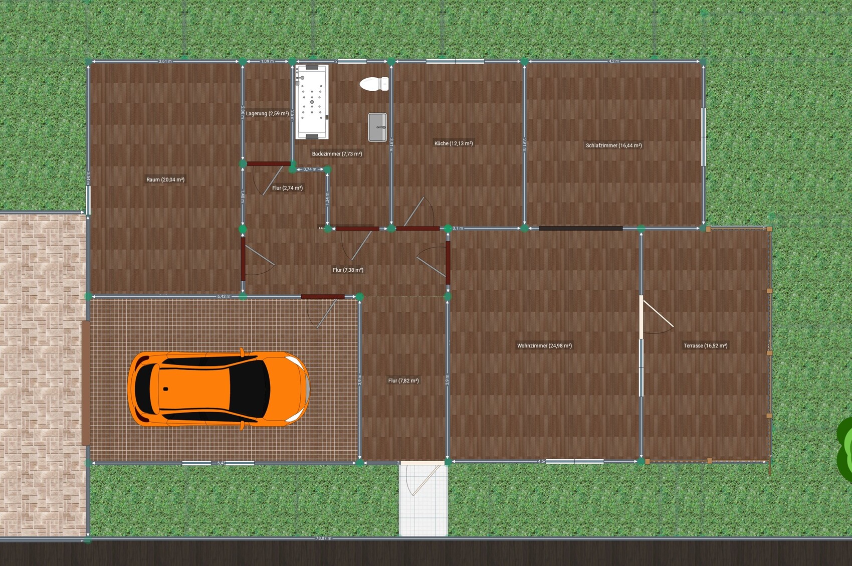 Übersichtlicher Grundriss eines Hauses mit Garage, Terrasse, Küche und Wohnzimmer.