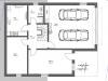 Grundriss eines Hauses mit Garage für zwei Autos, Eingangsbereich und Wohnbereich.