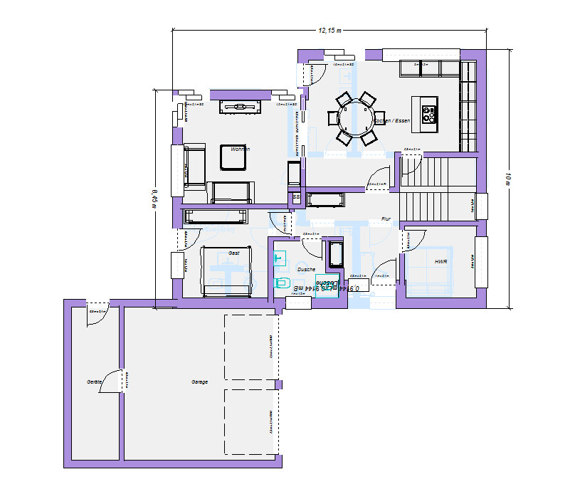 Grundriss eines Hauses mit Wohnzimmer, Küche/Essen, Bad, Schlaf- und Gästezimmer, HWR und Garage.