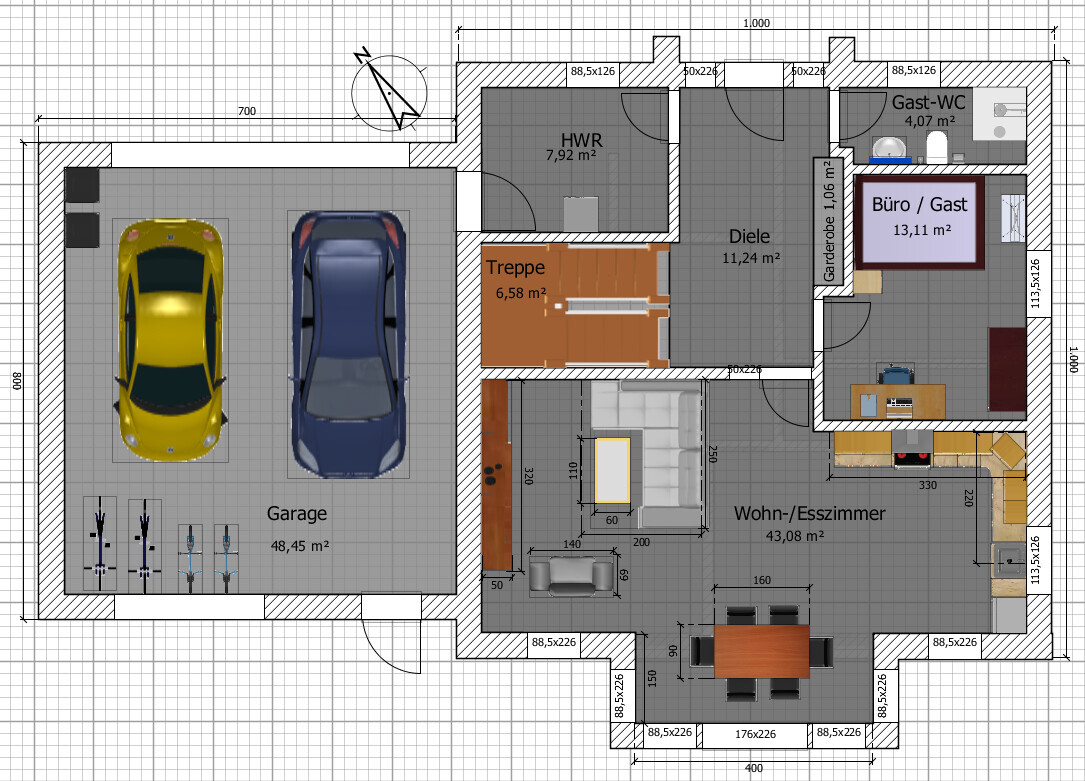 Grundriss: Garage mit zwei Autos, Wohn-/Esszimmer, Diele, Treppe, Büro/Gast, HWR, Gast-WC.