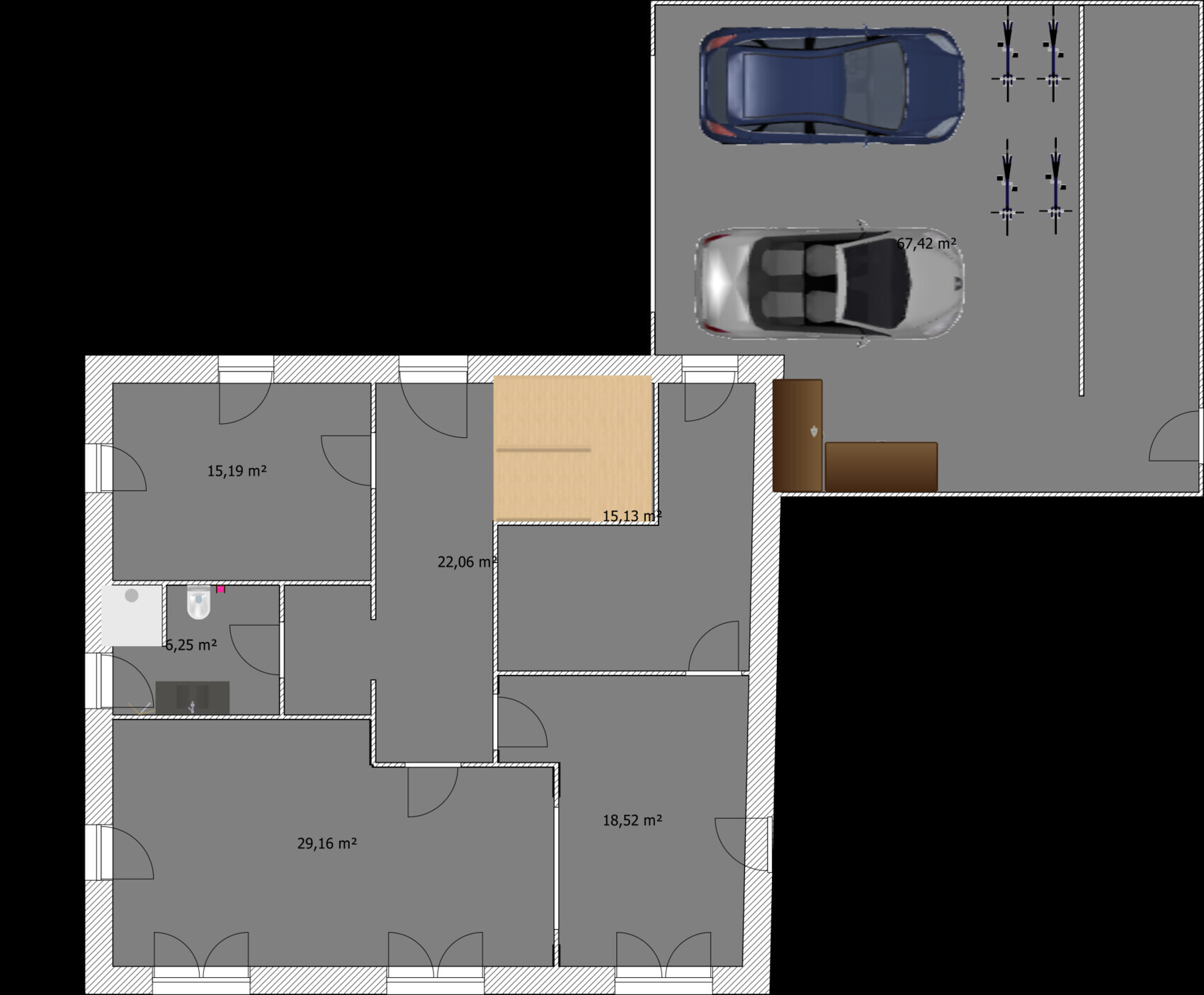 Zweidimensionaler Grundrissplan eines Hauses mit Garage, mehreren Zimmern und Fluren.