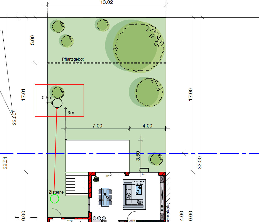 Lageplan eines Gartens mit Haus, Rasenflächen, Bäumen, Maßlinien und Markierungen.