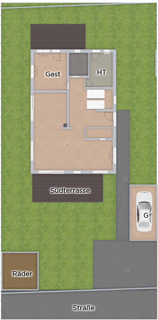 Grundriss von oben: Gast, HT, großer Wohnbereich, Südterrasse, Straße, Parkplatz G, Räder