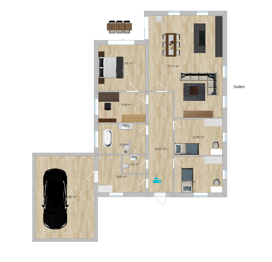 Grundriss eines Hauses: Wohnzimmer mit Essbereich, Küche, Schlafzimmer, Bad, Flur, Garage, Terrasse.