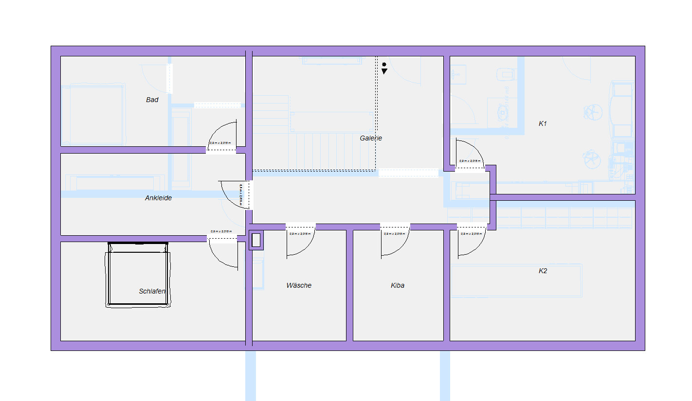 Grundriss einer Wohnung: Galerie in der Mitte, Schlafen, Ankleide, Bad, Wäsche, K1, K2.