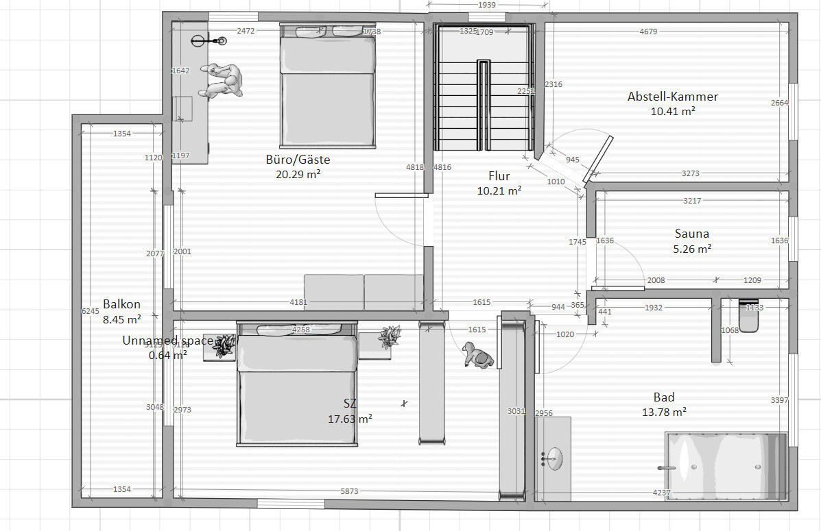 2D-Grundriss eines Hauses mit Büro, Schlafzimmer, Bad, Sauna und Balkon.