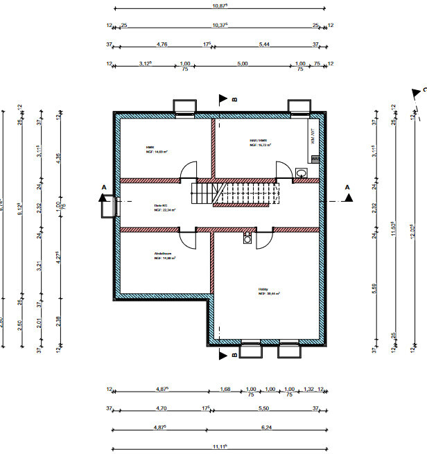 2D-Hausgrundriss mit mehreren Räumen, Treppenhaus und Wänden