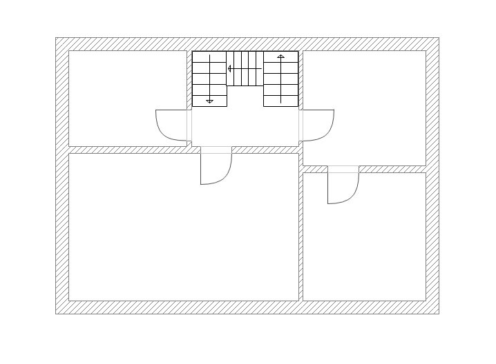 2D-Grundriss eines Hauses mit Treppenaufgang, Türen und mehreren Räumen