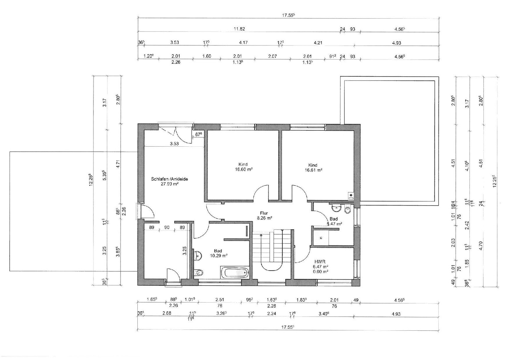Grundriss eines Hauses: Schlafzimmer, zwei Kinderzimmer, Flur, Bad, HWR, Türen.