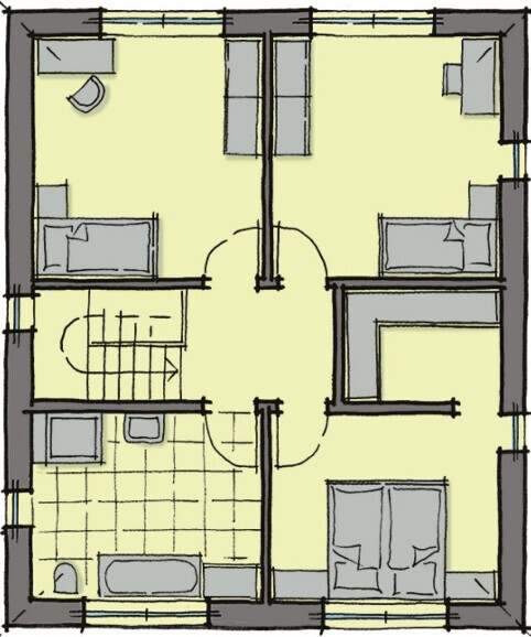 Skizzenhafter Hausgrundriss mit Treppenhaus, Bad und mehreren Zimmern