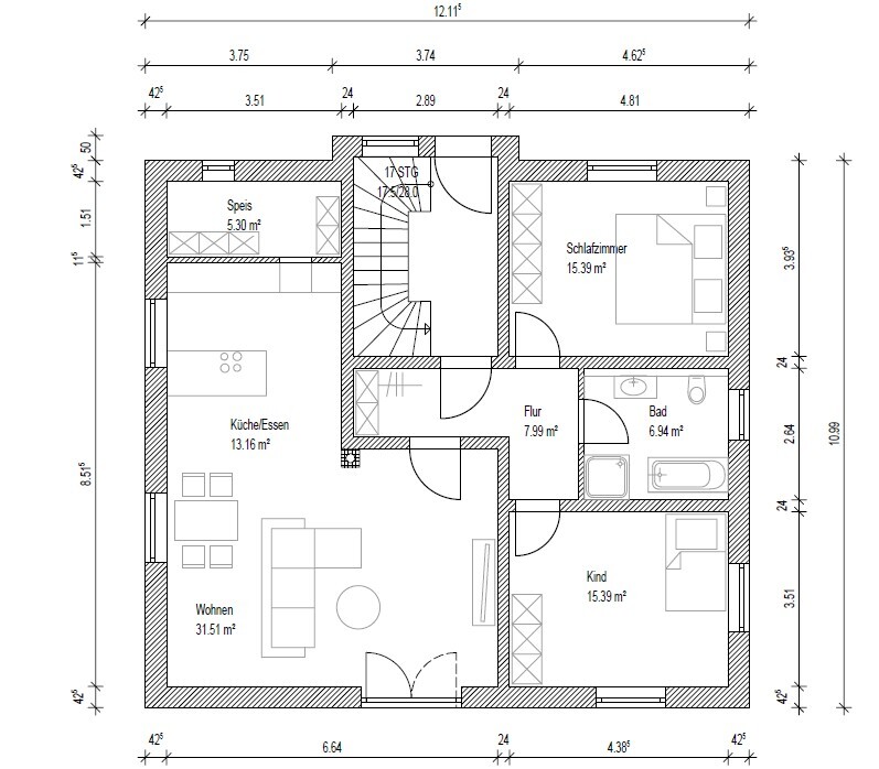 Grundriss eines Hauses mit Wohnzimmer, Küche, Speis, Flur, Schlaf- und Kinderzimmer sowie Bad.