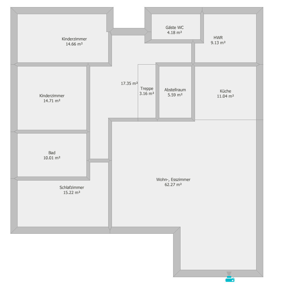 Grundriss eines Hauses: Wohn-Esszimmer, Küche, Schlafzimmer, Bad und weitere Zimmer.