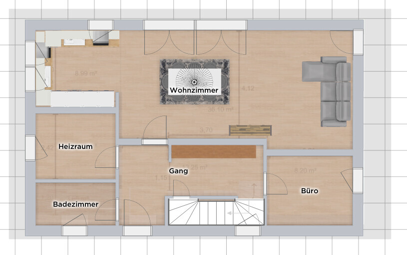 Grundriss eines Hauses mit Wohnzimmer, Büro, Gang, Heizraum, Badezimmer und Treppenhaus.