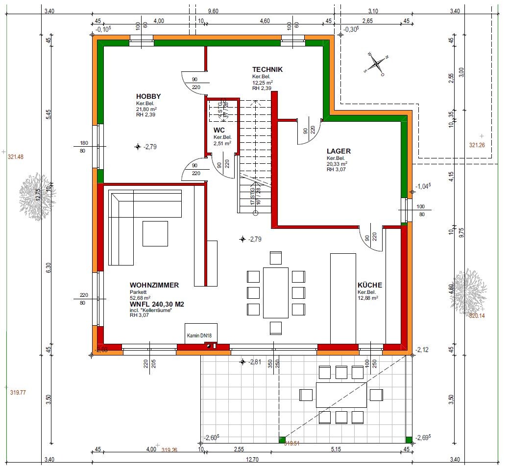 Grundriss: Wohnzimmer, Küche, Hobbyraum, Technikraum, Lager, WC, Terrasse.
