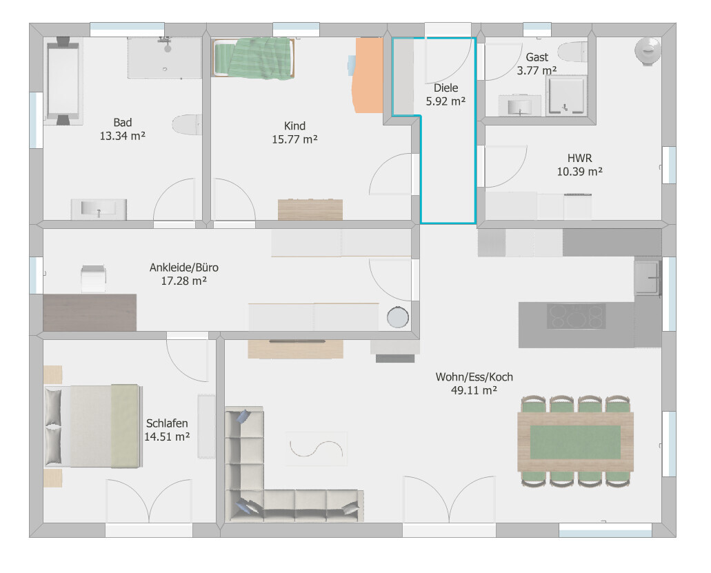 Grundriss einer Wohnung: Bad, Kind, Diele, Gast, HWR, Ankleide/Büro, Schlafen, Wohnen/Kochen