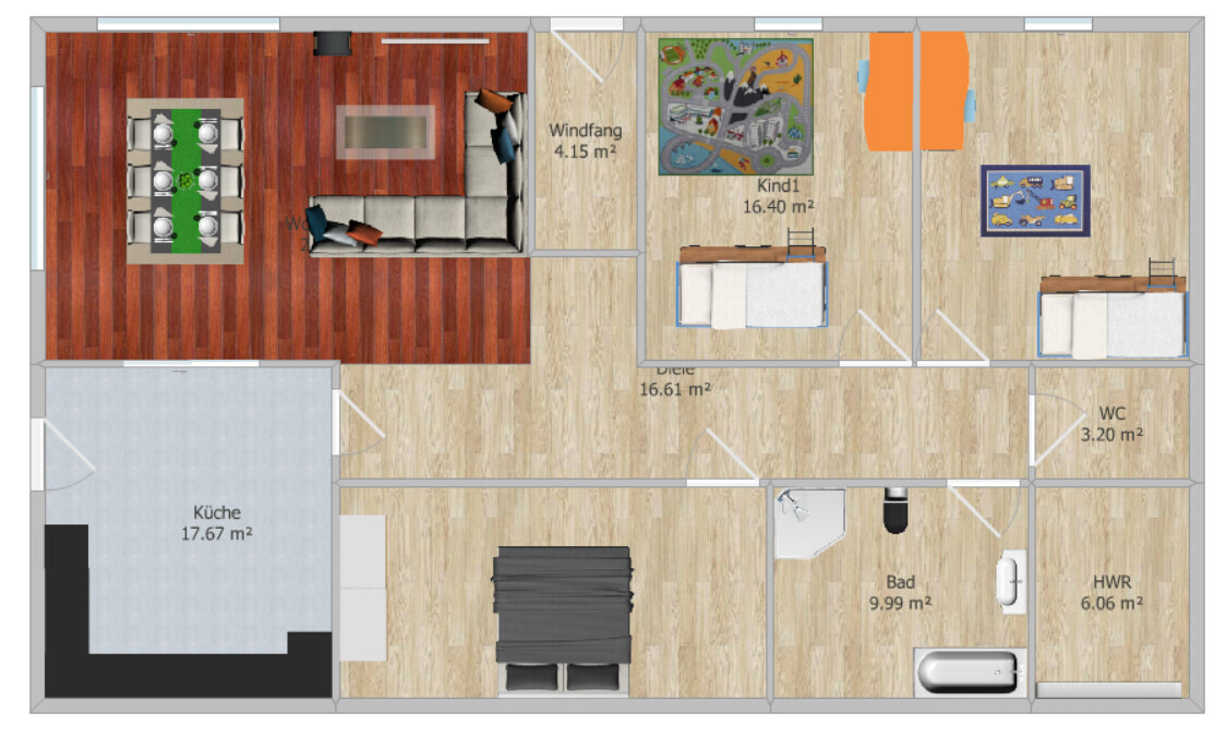 Grundriss eines Hauses: Küche, Wohnzimmer, Windfang, Flur, Kinderzimmer, Bad, WC, HWR.