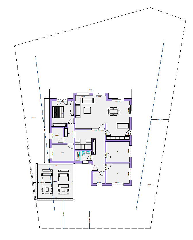 Grundriss eines Einfamilienhauses mit Doppelgarage, Wohnzimmer, Küche, Schlafzimmern und Badezimmern