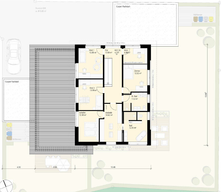 Grundriss eines Einfamilienhauses mit Flur, Schlafzimmer, Kinderzimmern und Bad.