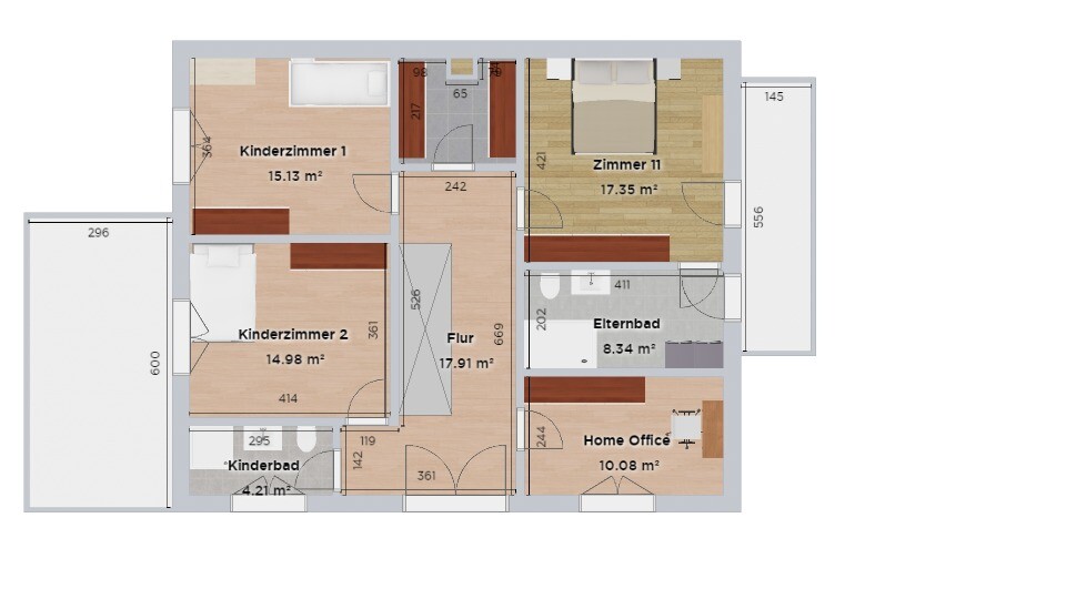 Grundriss eines Hauses: zwei Kinderzimmer, Flur, Zimmer 11, Home Office, Elternbad, Kinderbad.