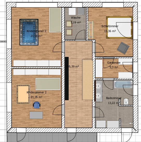 Grundriss einer Wohnung: zwei Kinderzimmer links, Schlafzimmer rechts, Bad, Flur.