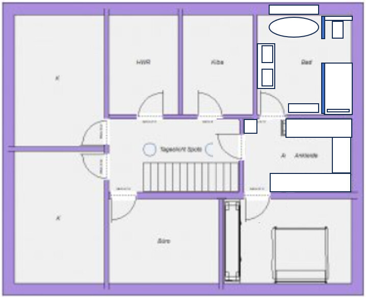 Grundriss eines Wohnhauses mit Küche, Bad, HWR, Schlafzimmer, Wohnzimmer und Flur