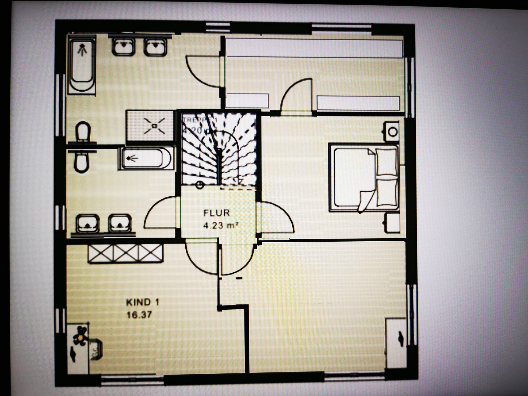 Grundriss einer Wohnung: Flur 4,23 m², Schlafzimmer mit Doppelbett, Kindzimmer, Bad, Treppenhaus