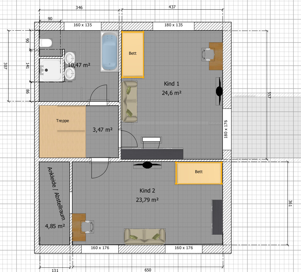 Grundriss eines Hauses: Bad, Treppe, Ankleide/Abstellraum, zwei Kinderzimmer, Betten und Möbel.