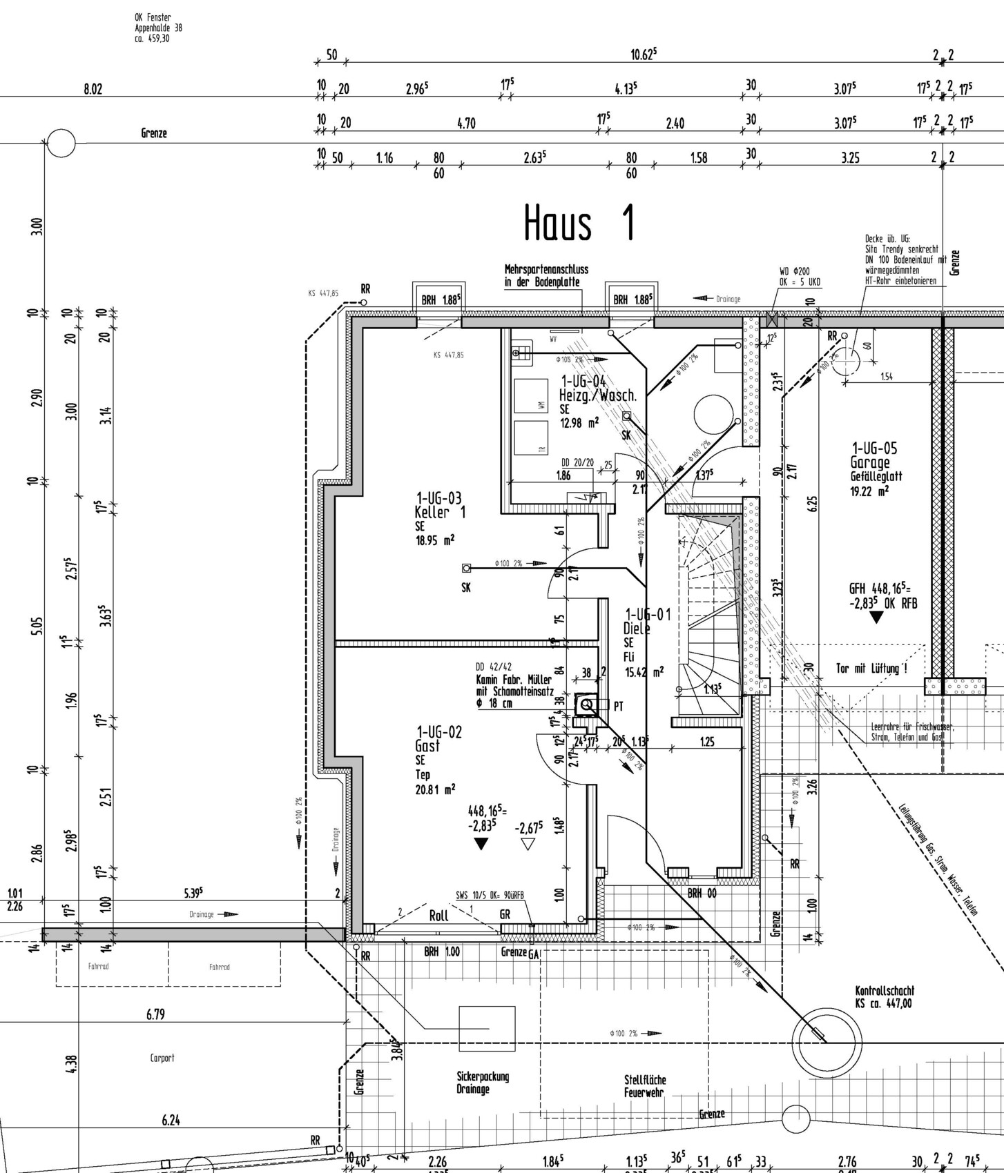Grundrissplan von Haus 1: Keller, Gästezimmer, Heizraum, Diele, Garage und Treppenhaus.
