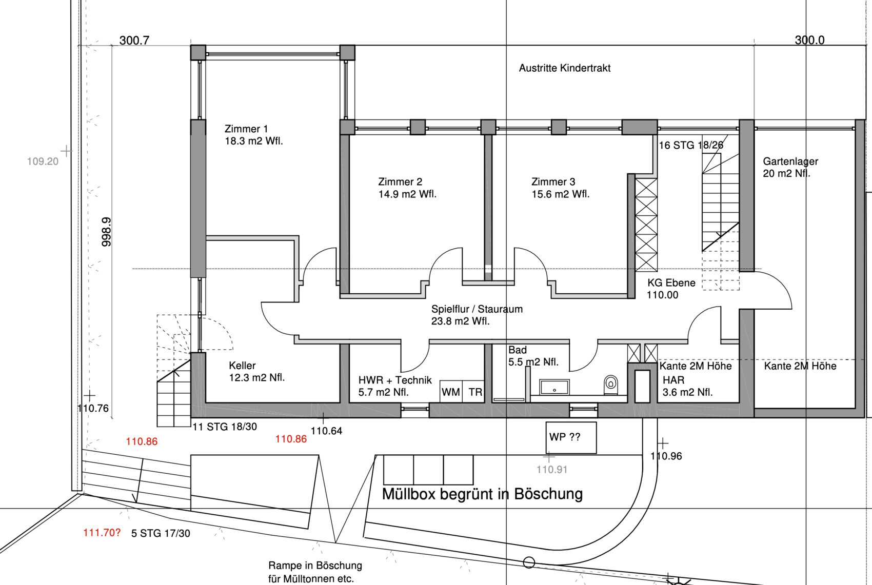 Grundriss eines Hauses mit Zimmer 1–3, Flur, Bad, Keller, Technikraum und Gartenlager