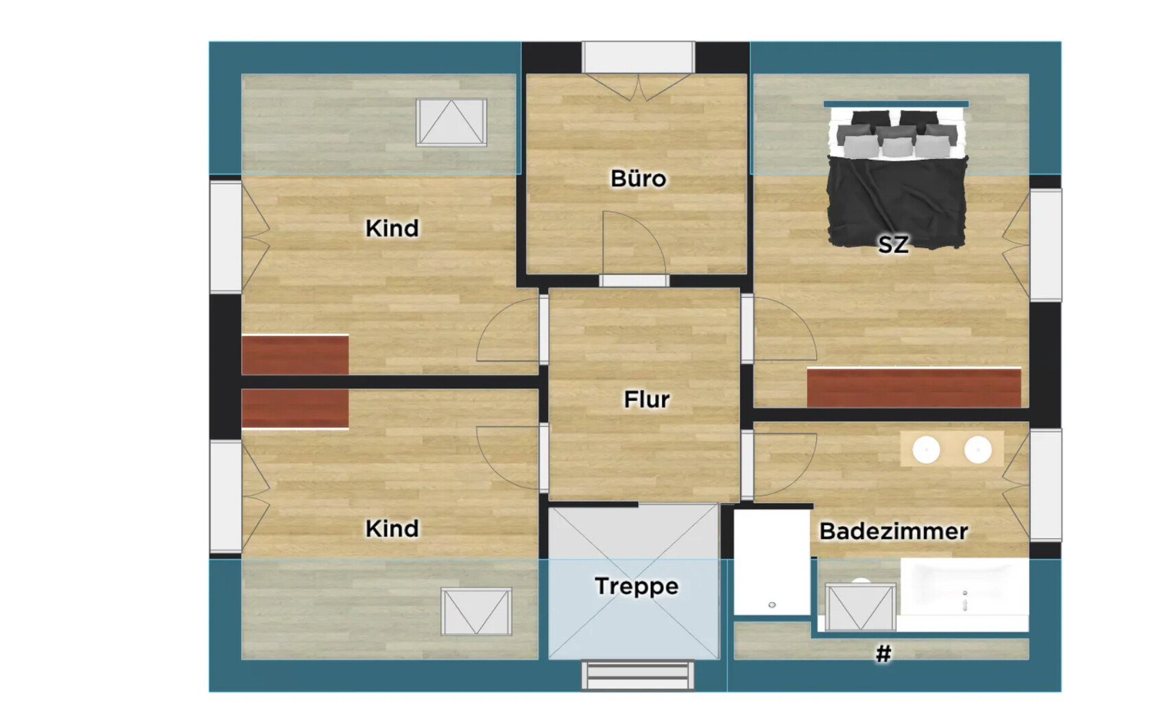 2D Grundriss eines Hauses mit Schlafzimmern, Büro, Kinderzimmern, Flur, Treppe und Badezimmer.