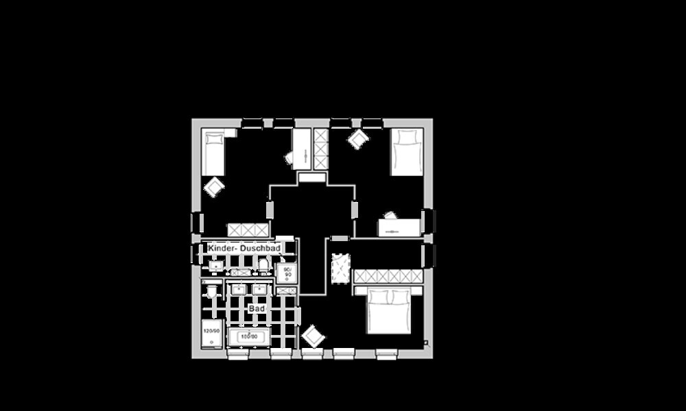 Grundriss einer Wohnung mit mehreren Schlafzimmern, Bad und Kinder-Duschbad, Möbel