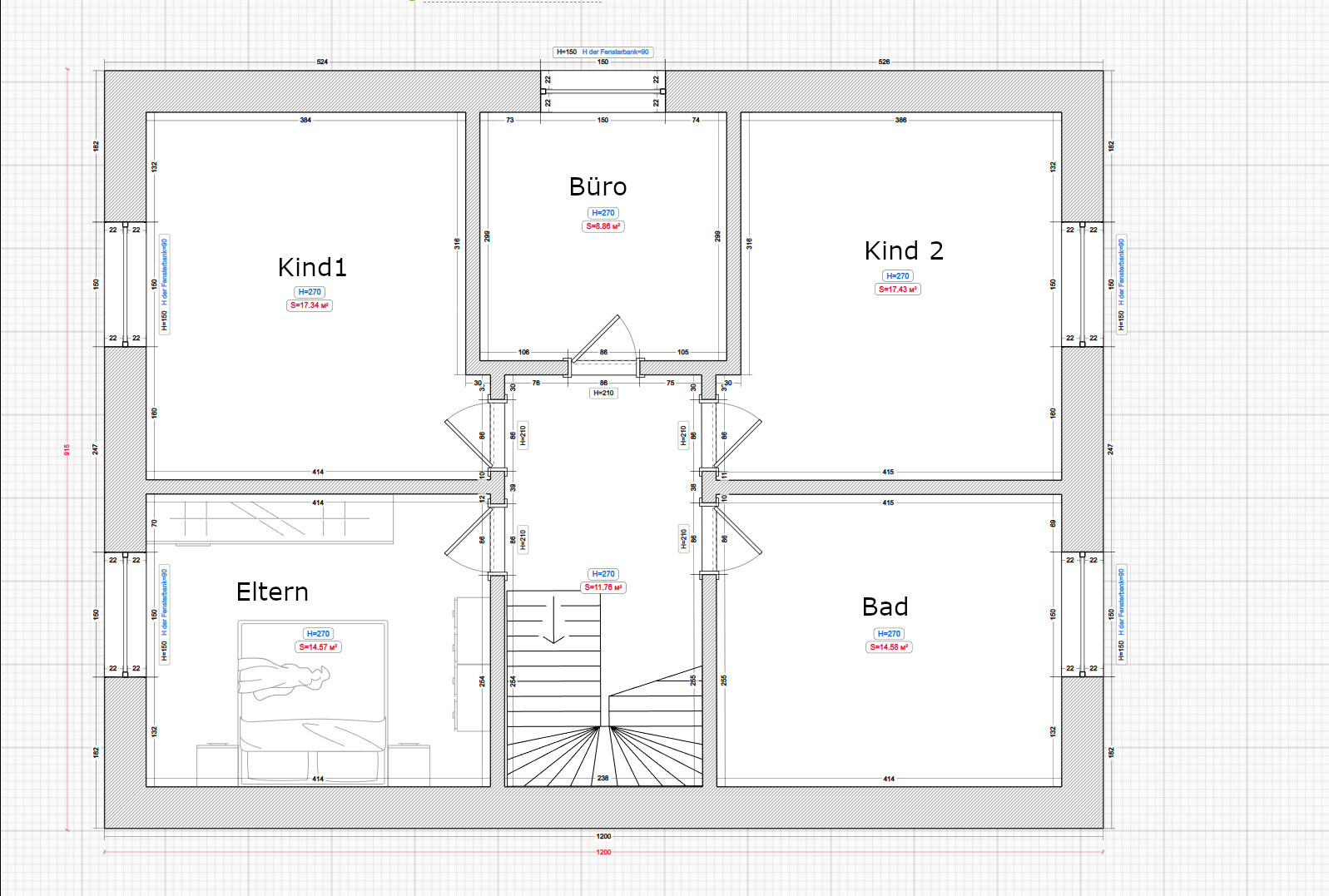2D-Grundriss eines Hauses mit Elternzimmer, Kinderzimmern, Büro und Bad