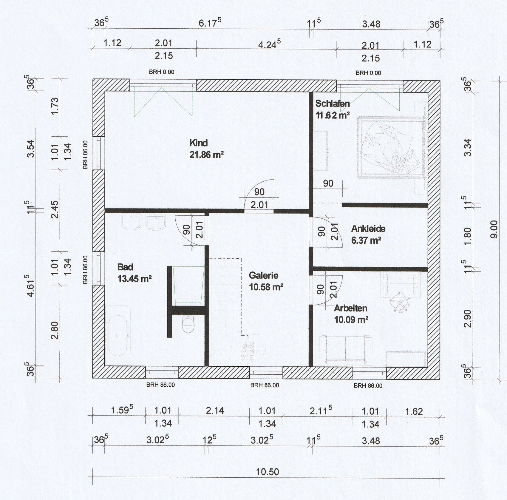 Grundriss eines Hauses mit den Räumen Kind, Schlafen, Ankleide, Bad, Arbeiten und Galerie.