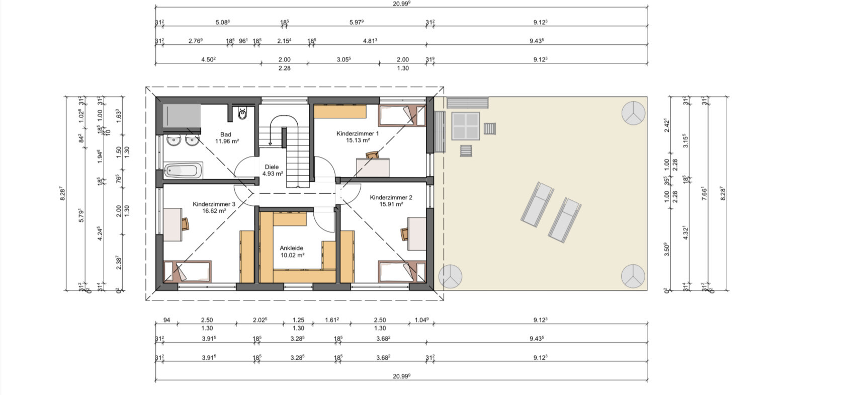 Grundriss eines Hauses mit drei Kinderzimmern, Bad, Diele, Ankleide und großer Terrasse.